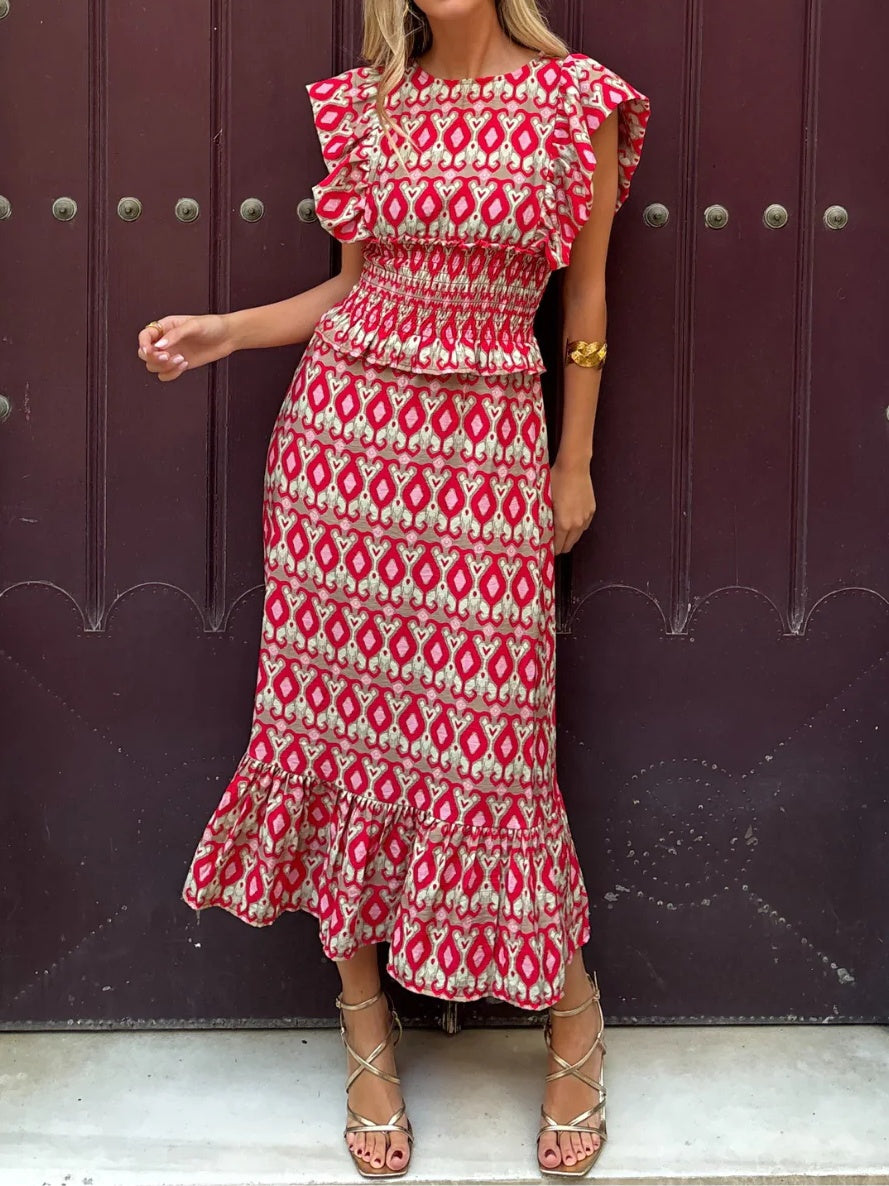 Red Palm Elastic Waist Dress