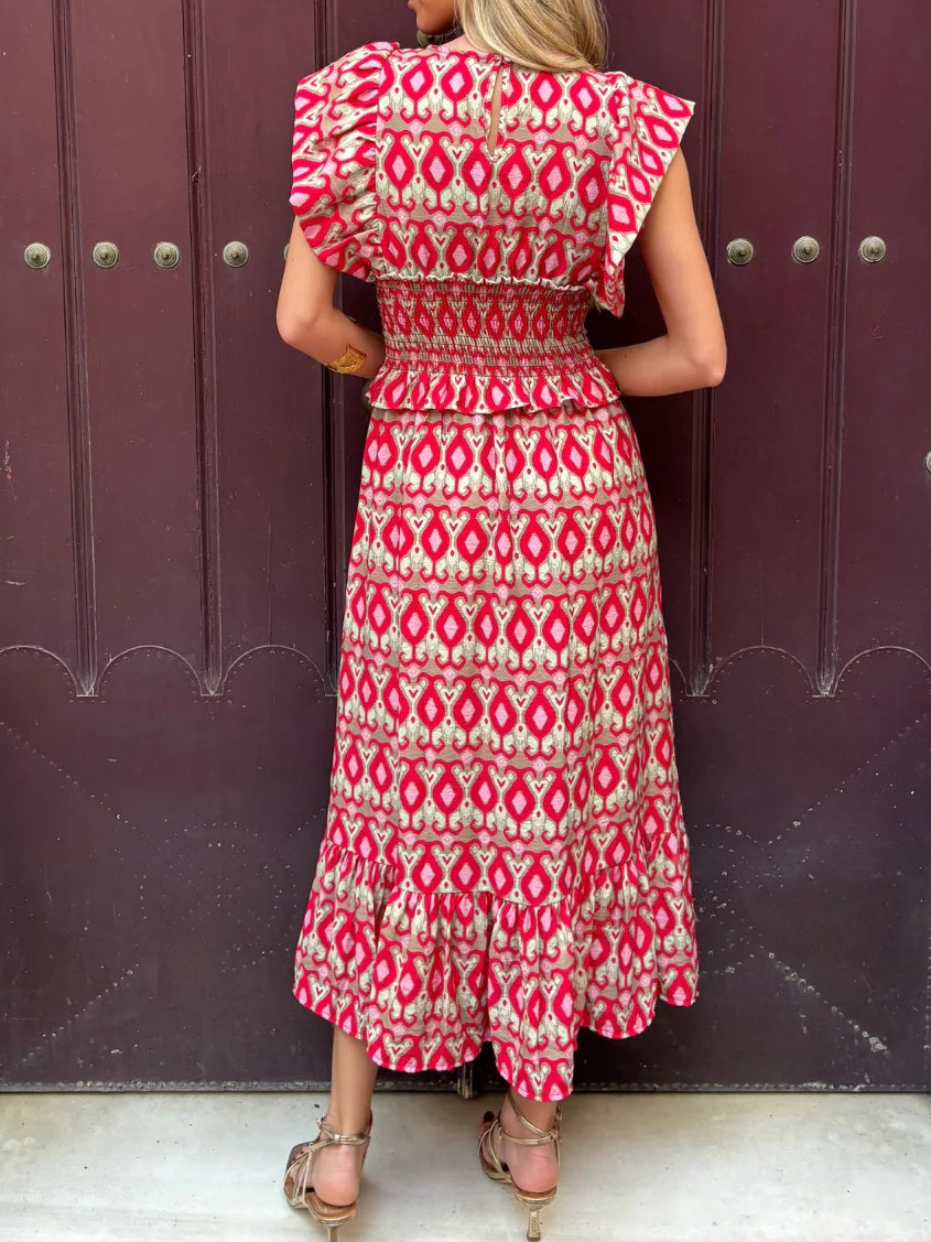 Red Palm Elastic Waist Dress