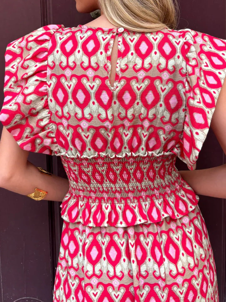 Red Palm Elastic Waist Dress