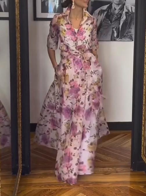 Chiffon Printed Shirt Tie Belt Dress