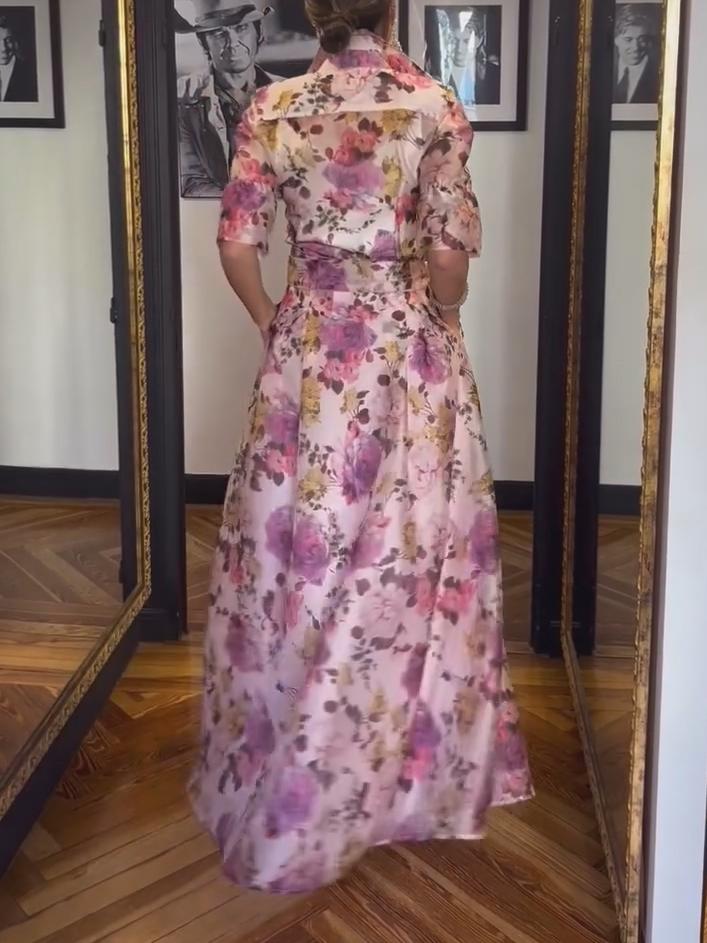Chiffon Printed Shirt Tie Belt Dress