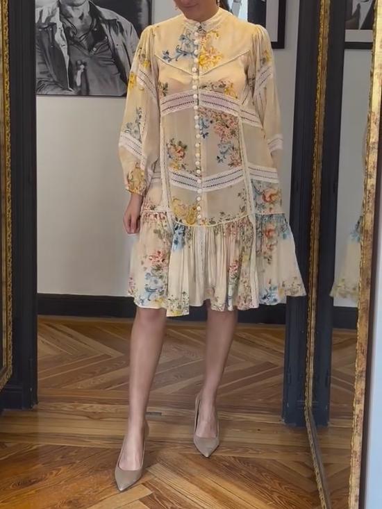 Bubble Sleeve Printed Elegant Dress