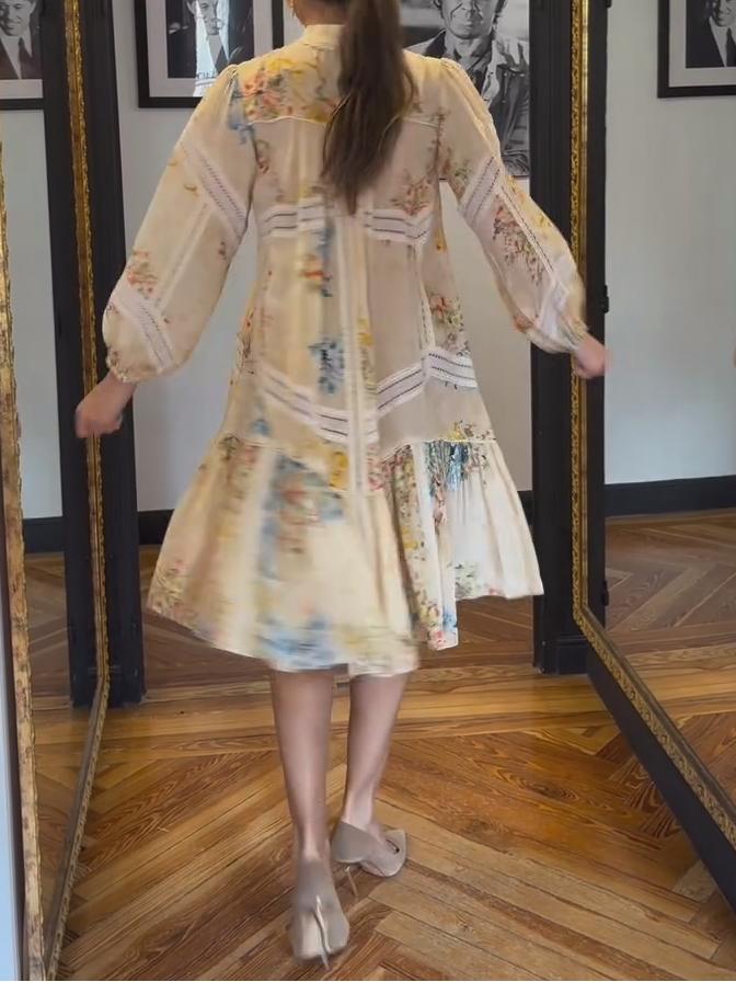 Bubble Sleeve Printed Elegant Dress