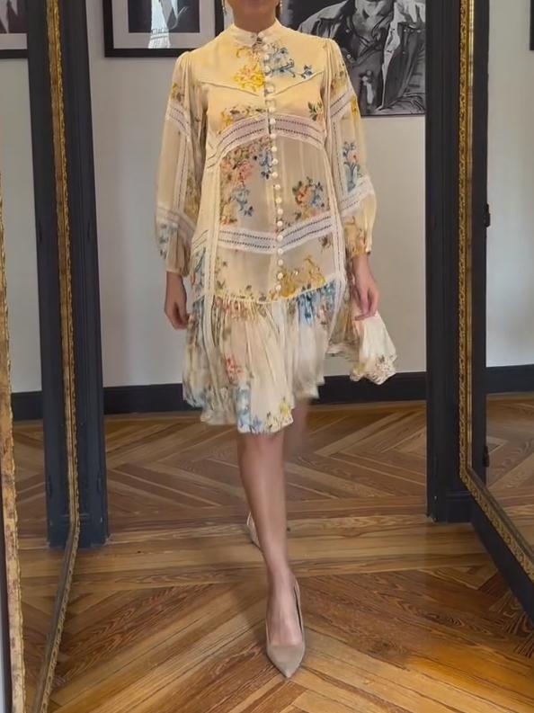 Bubble Sleeve Printed Elegant Dress