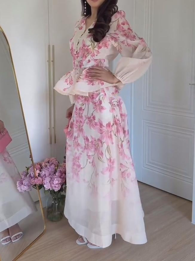 Floral Waist-slimming Elegant Two-Piece Dress