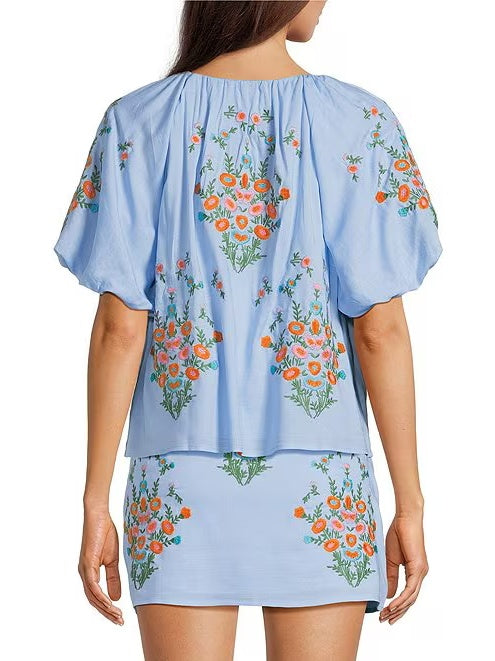Bubble Sleeve Embroidered Two Piece Set