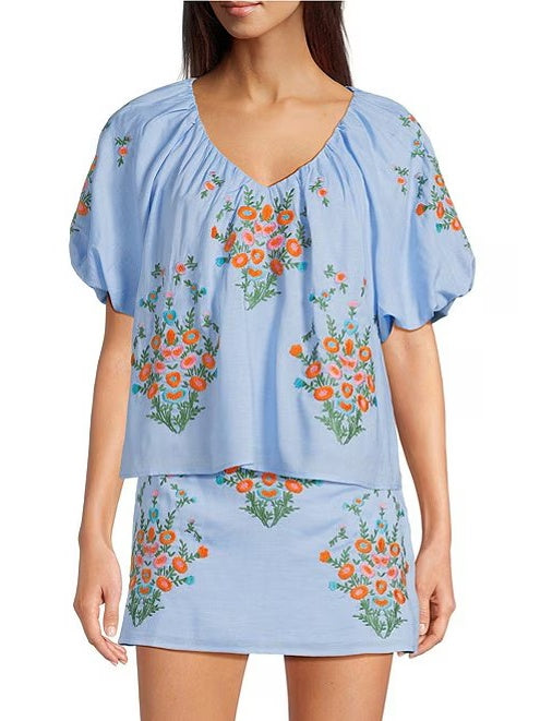 Bubble Sleeve Embroidered Two Piece Set