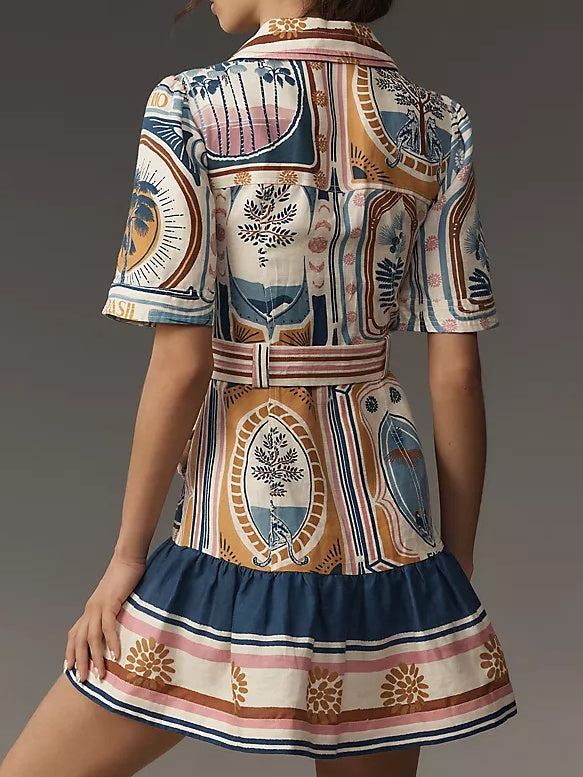 Short-Sleeve Belted Linen Mini Dress