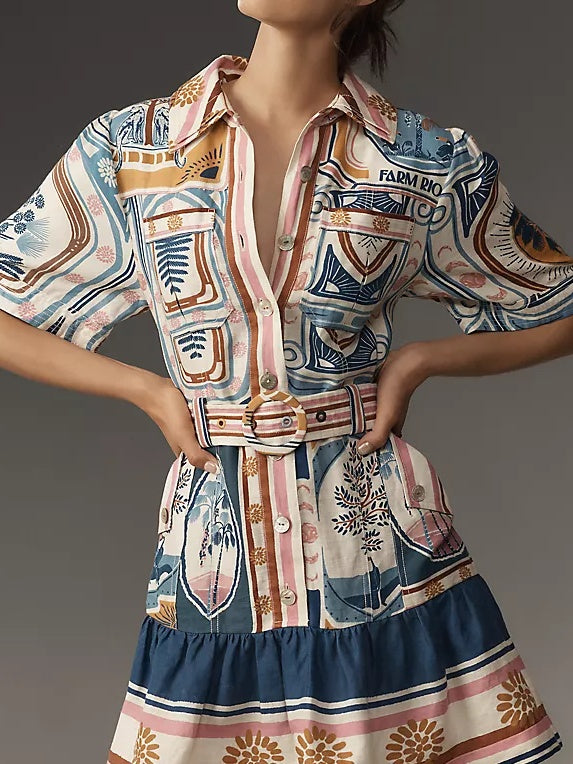 Short-Sleeve Belted Linen Mini Dress