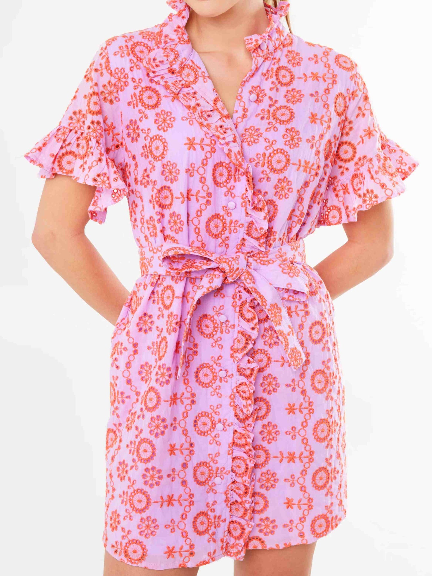 Ruffle Printed Belted Dress