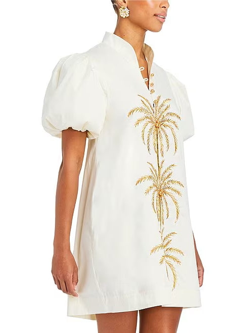 Palm Tree Embroidery Short Puff Sleeve Dress