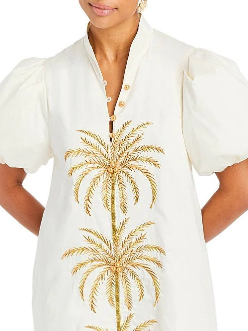 Palm Tree Embroidery Short Puff Sleeve Dress