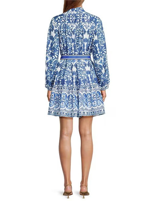 Navy Print Long Sleeve Tie Waist Dress