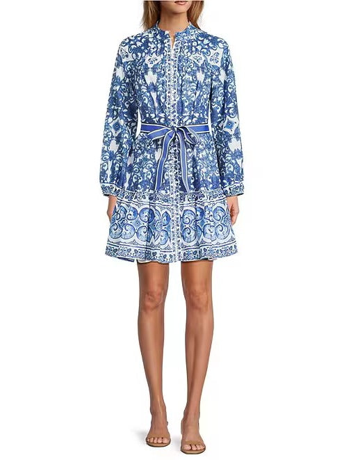 Navy Print Long Sleeve Tie Waist Dress