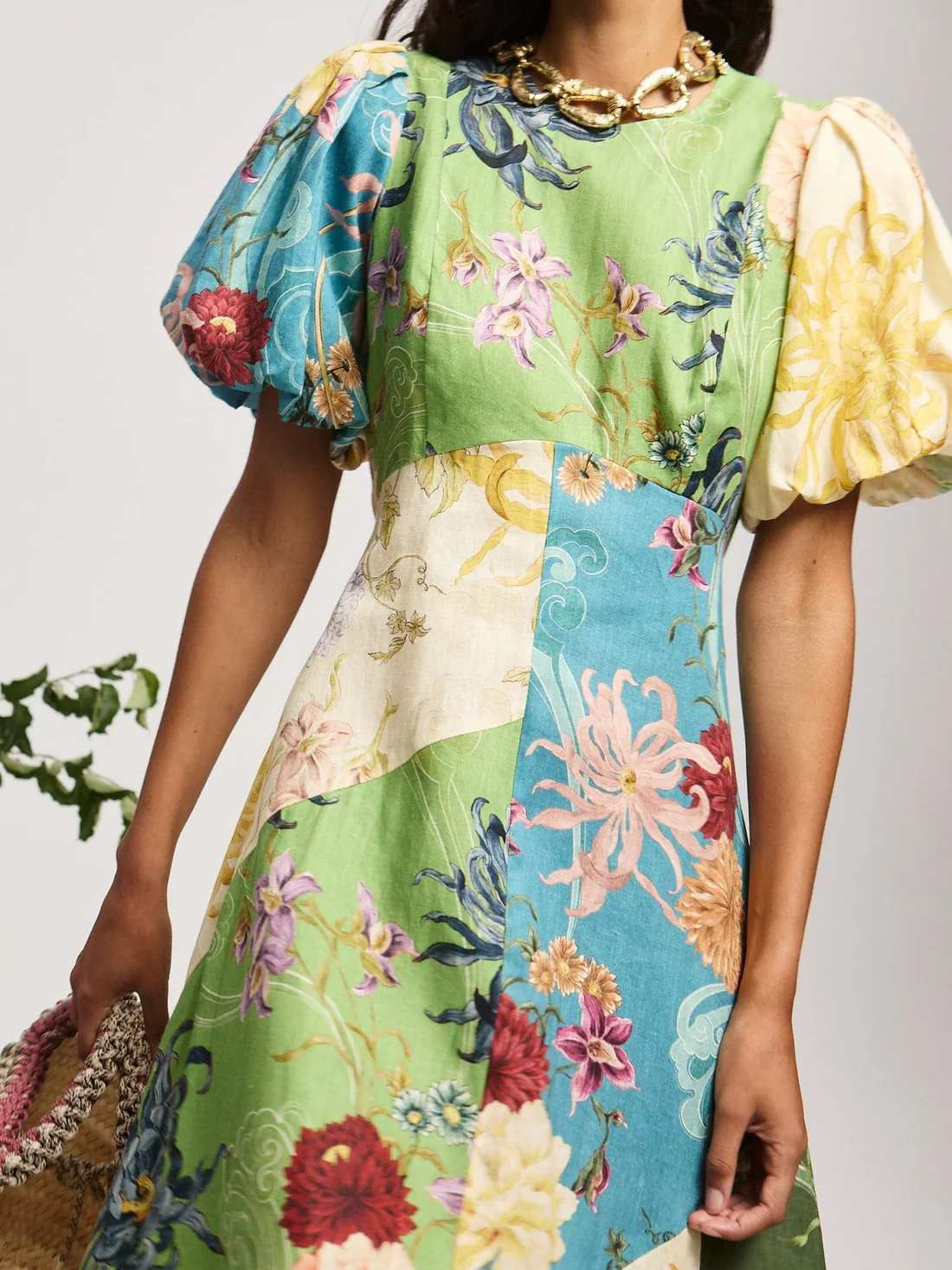 Elegant Printed Patchwork Midi Dress