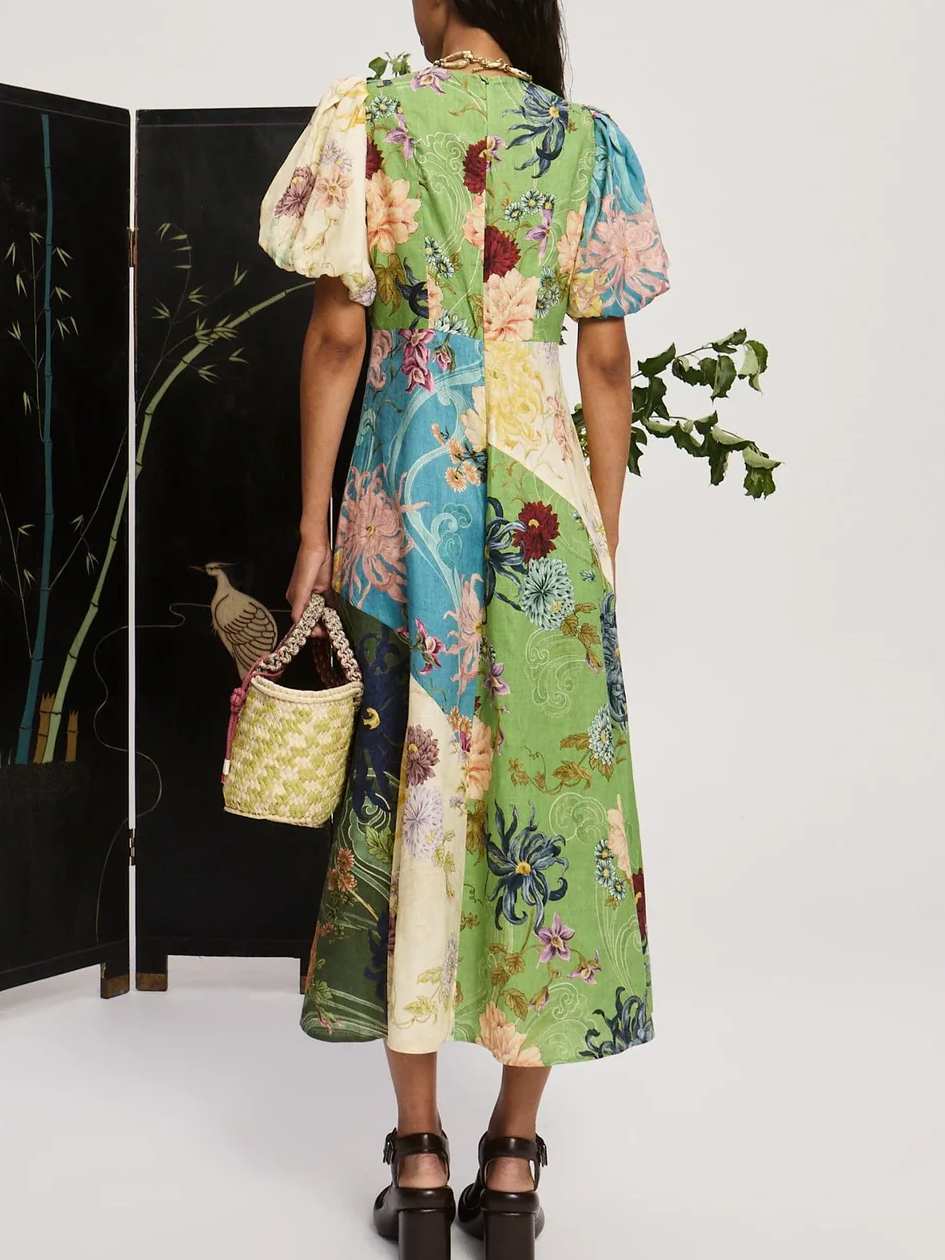 Elegant Printed Patchwork Midi Dress