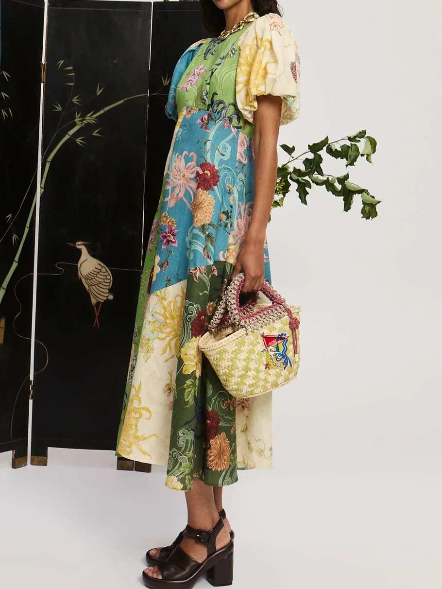 Elegant Printed Patchwork Midi Dress