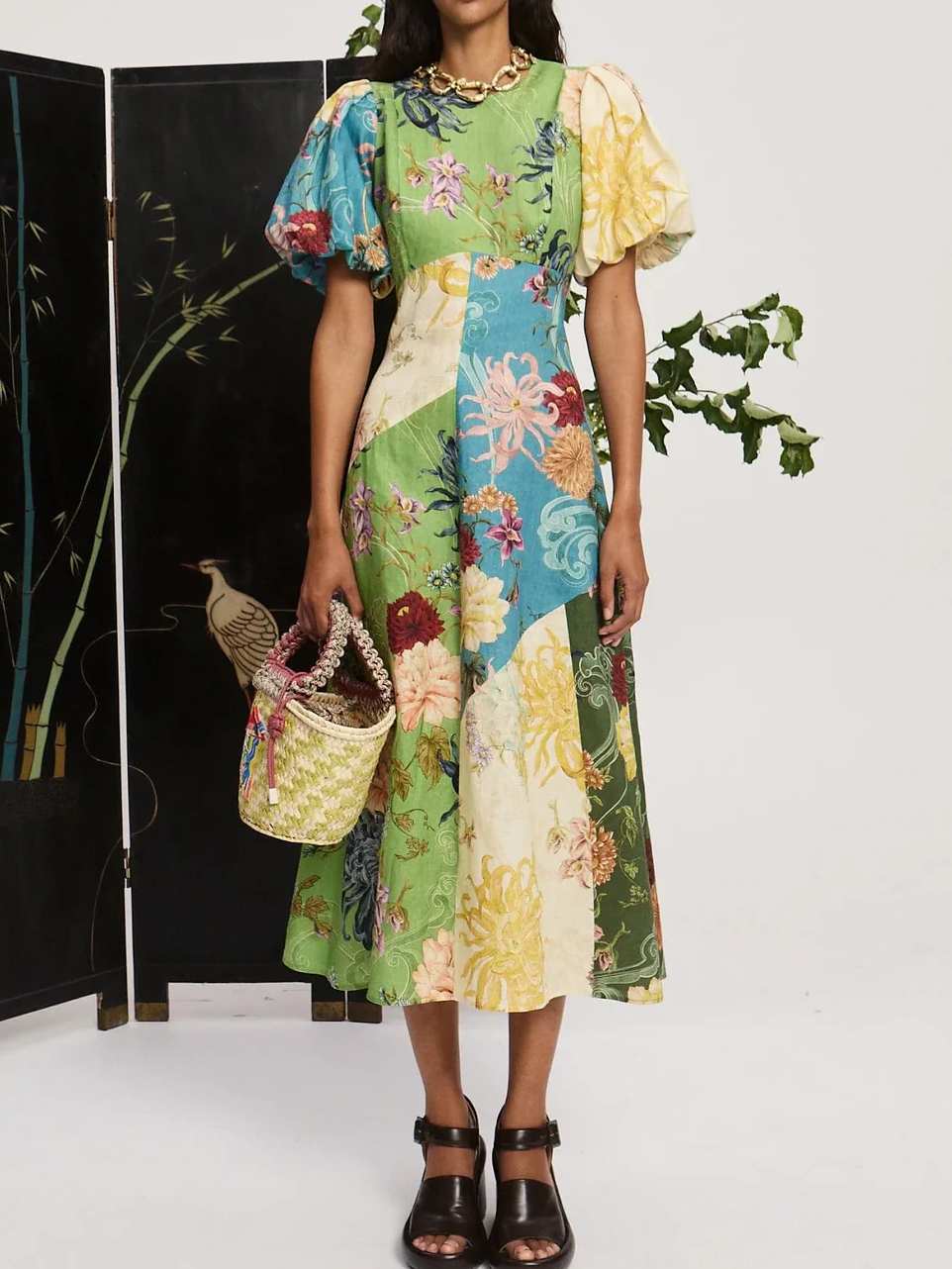 Elegant Printed Patchwork Midi Dress