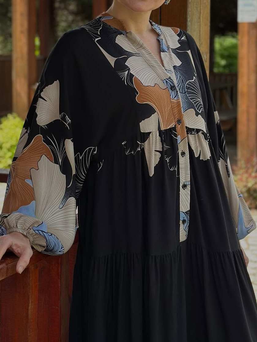 Black Long Sleeve Printed Dress