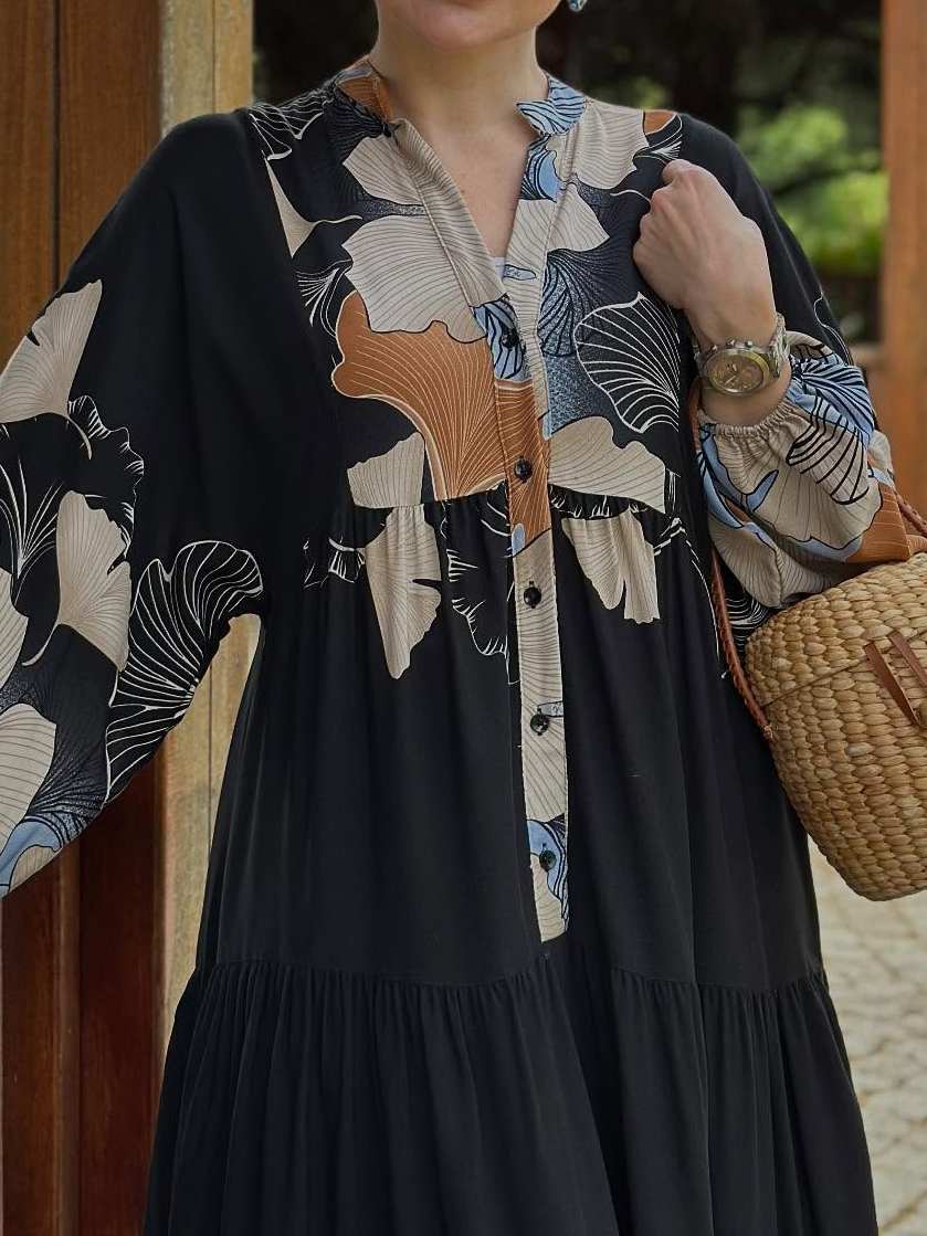 Black Long Sleeve Printed Dress
