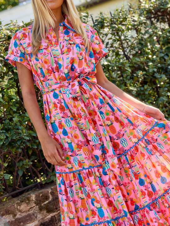 Short Sleeve Button Print Midi Dress