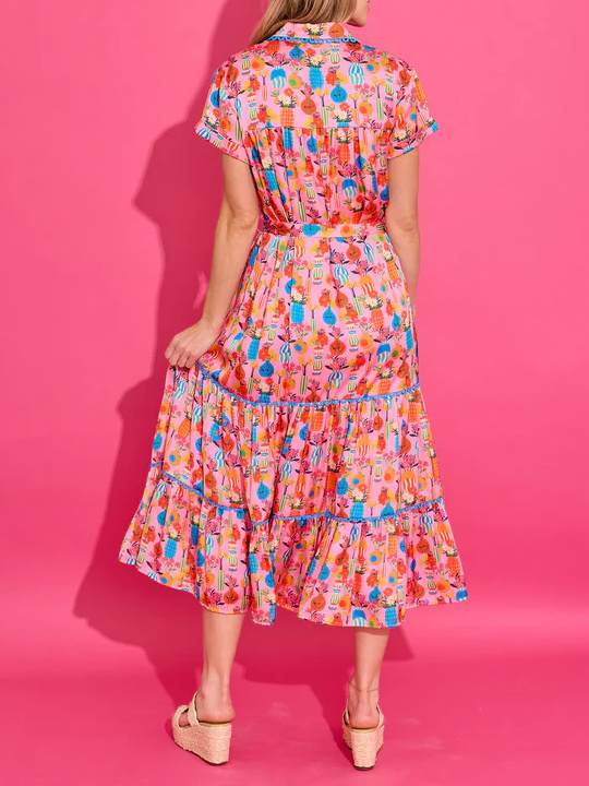 Short Sleeve Button Print Midi Dress
