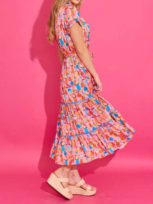 Short Sleeve Button Print Midi Dress