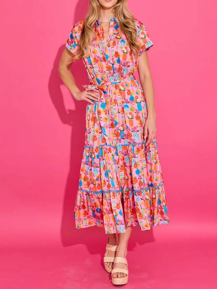 Short Sleeve Button Print Midi Dress