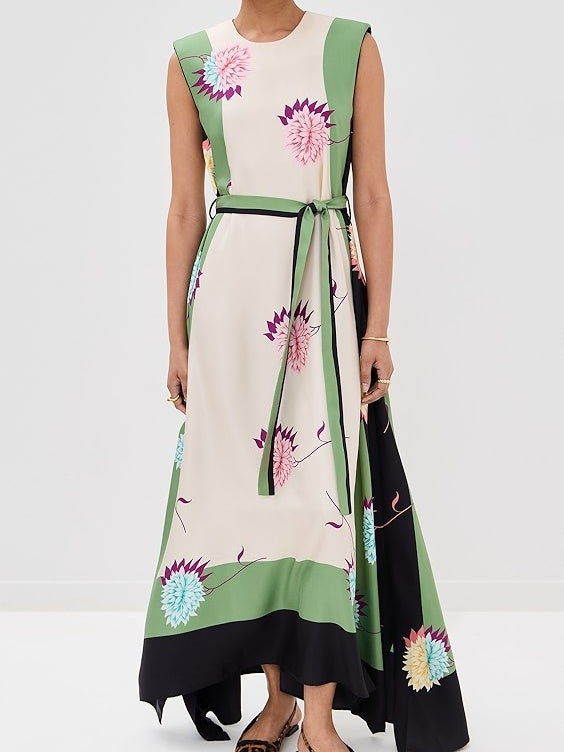 Crew Neck Floral Print Belted Dress