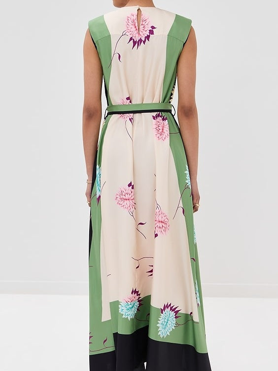 Crew Neck Floral Print Belted Dress