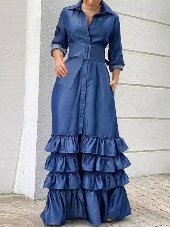 Long Sleeve Belted Elegant Dress