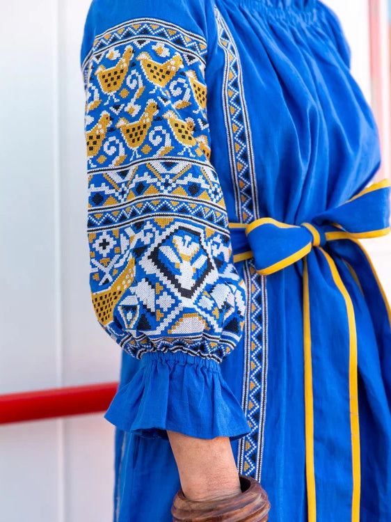 Embroidered Print Belted Midi Dress