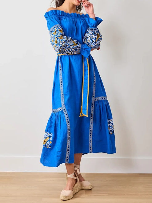 Embroidered Print Belted Midi Dress