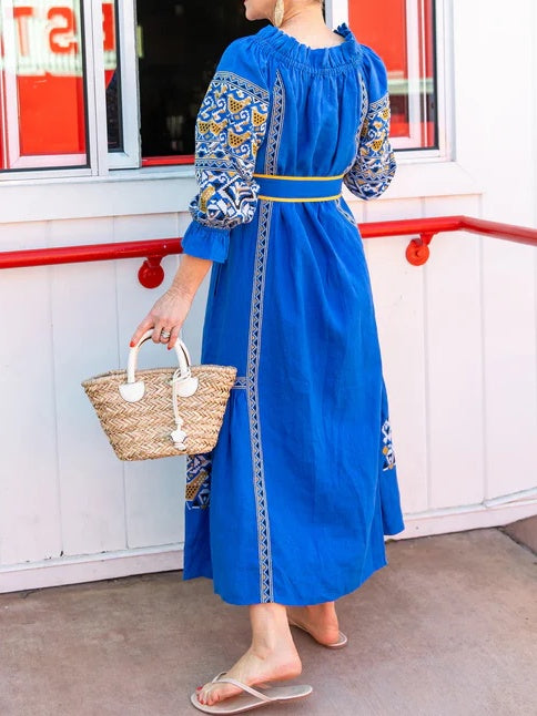 Embroidered Print Belted Midi Dress