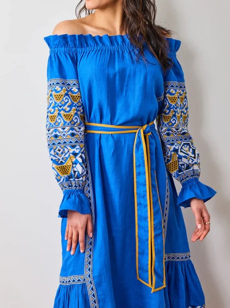 Embroidered Print Belted Midi Dress