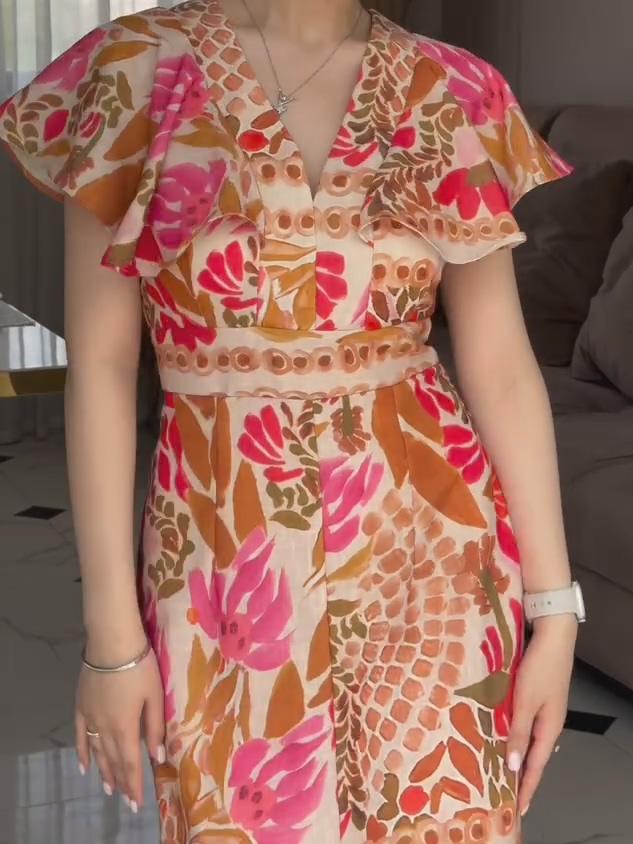 Ruffle Sleeve V-Neck Printed Dress