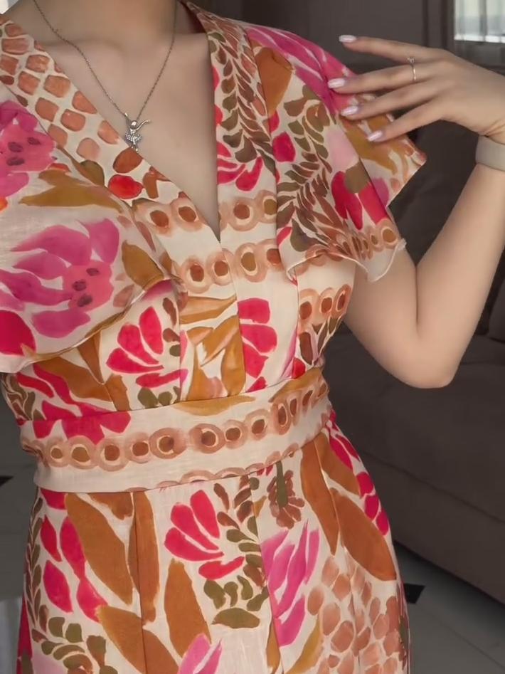 Ruffle Sleeve V-Neck Printed Dress