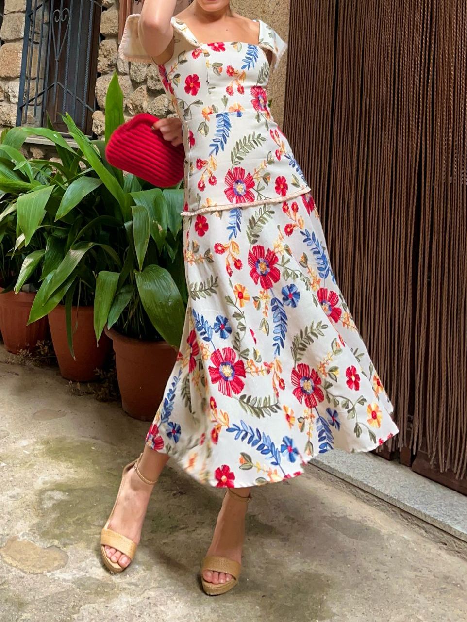 Square Neck Floral Midi Dress