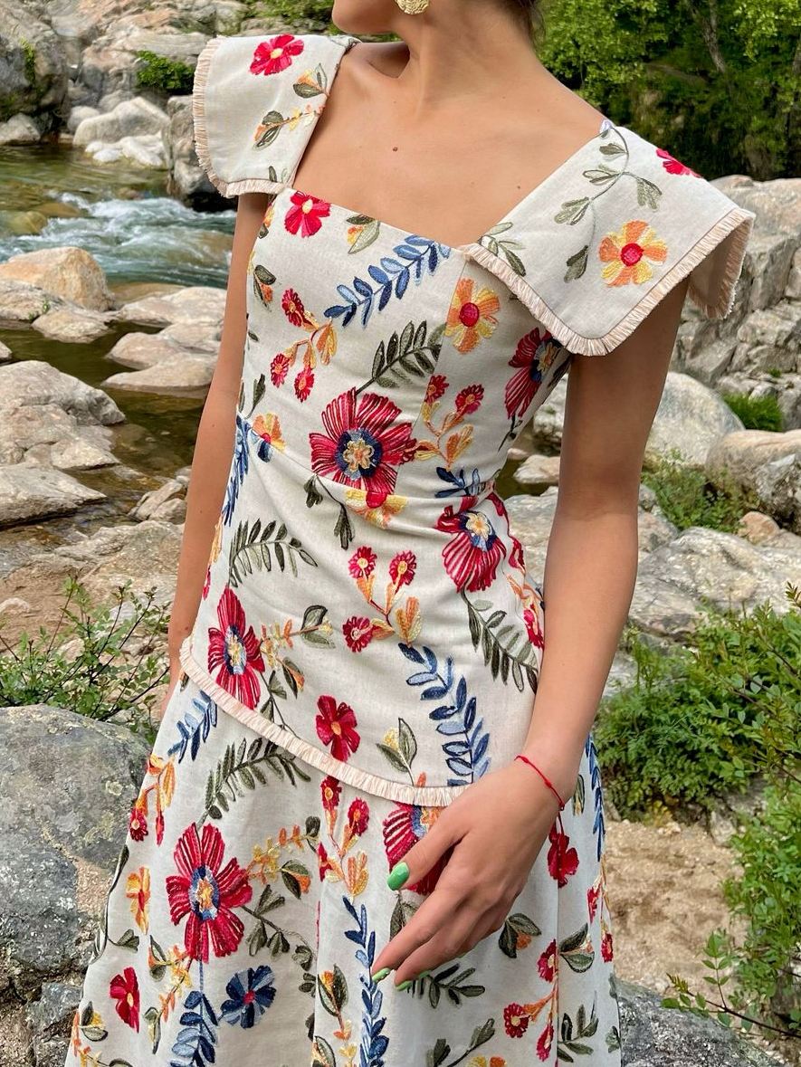 Square Neck Floral Midi Dress