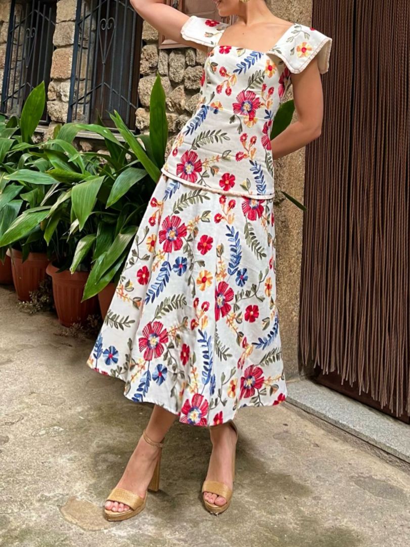 Square Neck Floral Midi Dress