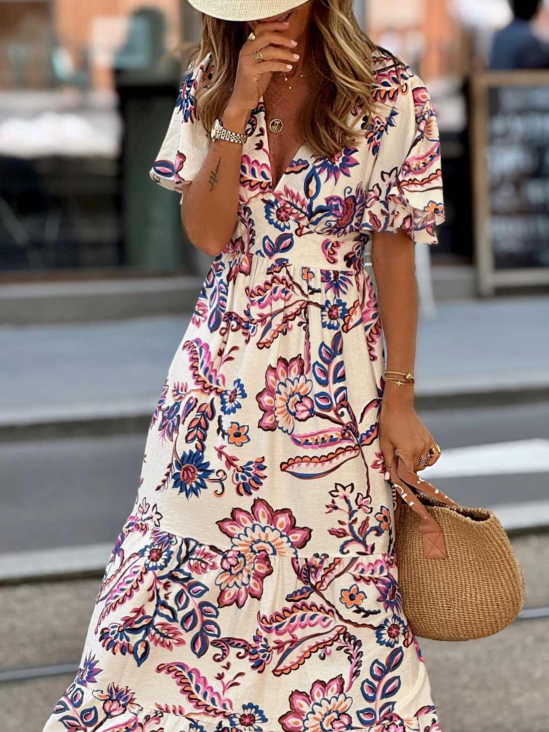 Ruffle Sleeve V-Neck Printed Dress