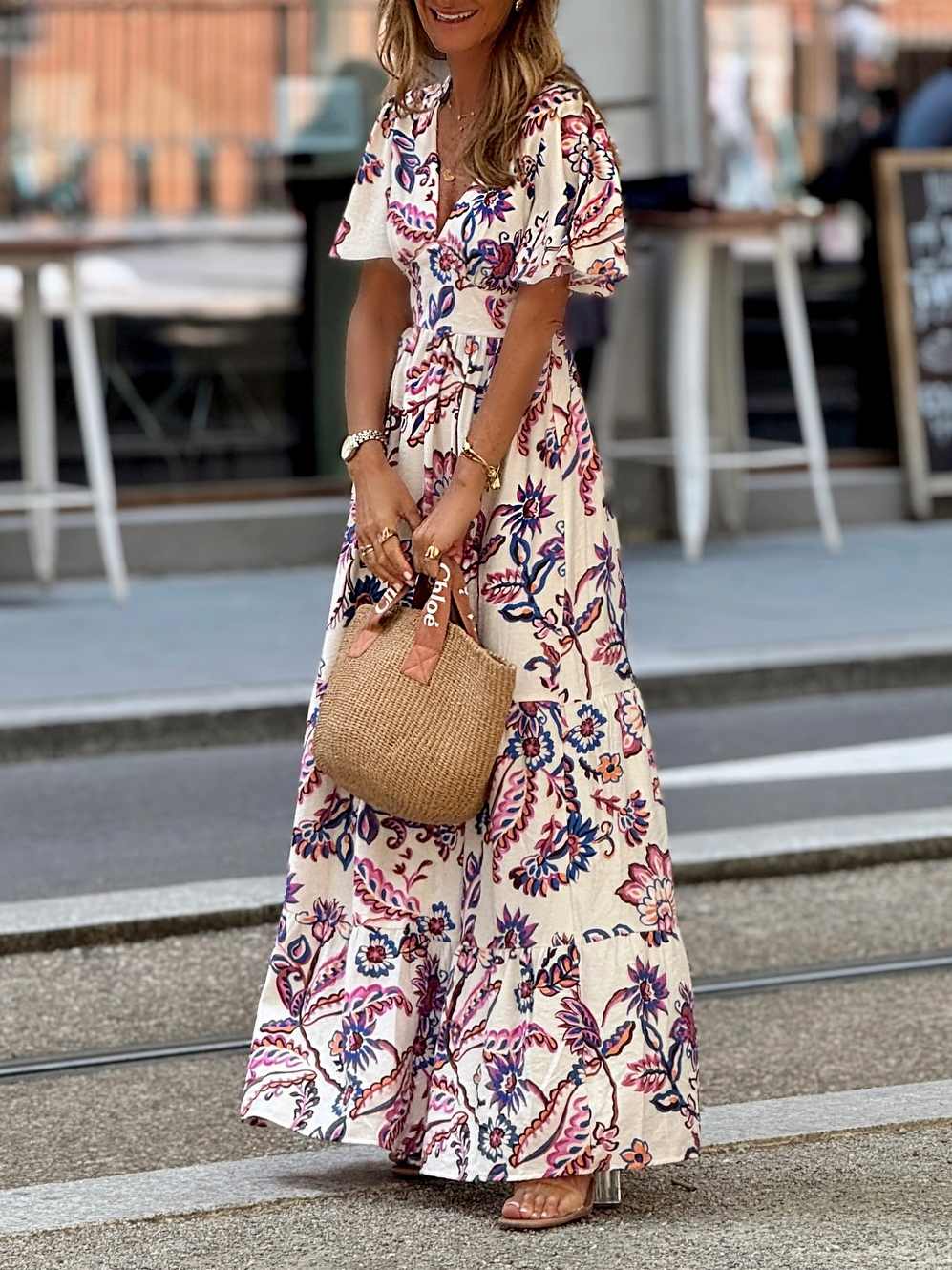 Ruffle Sleeve V-Neck Printed Dress