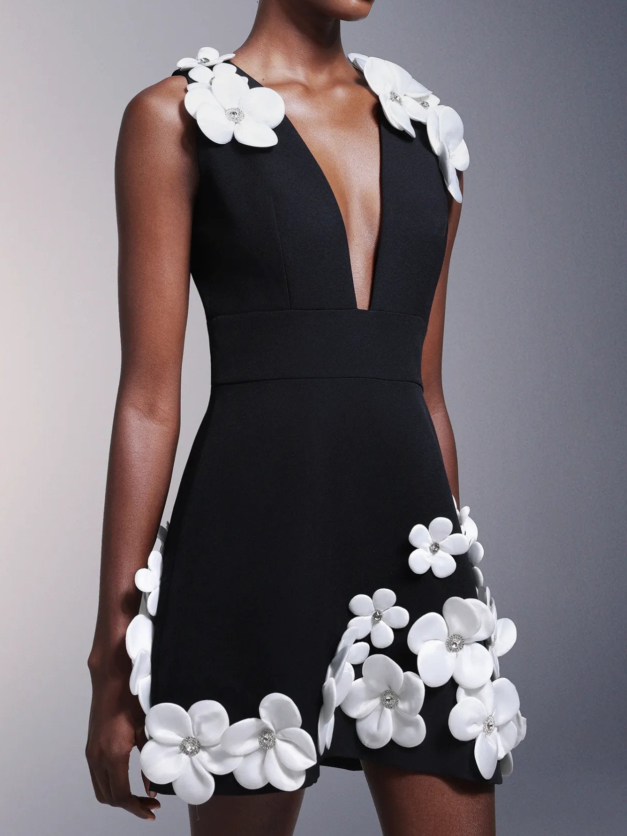 Flowers Deep-V Diamond Sleeveless Mini Dress