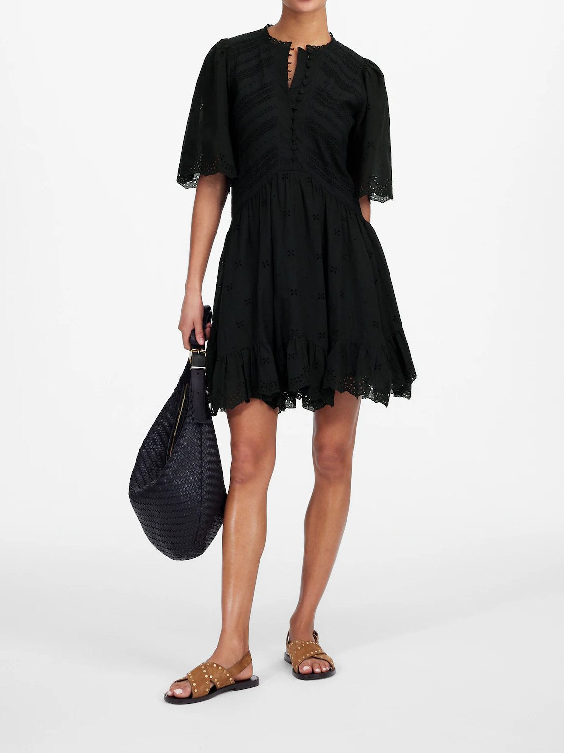 Eyelet Flutter Sleeve Mini Dress In Cotton