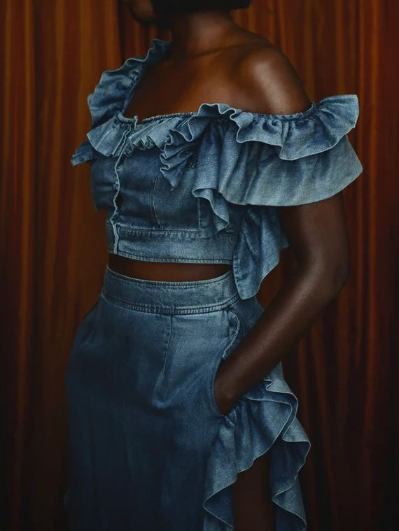 Washed Denim Ruffle Two-piece Suit
