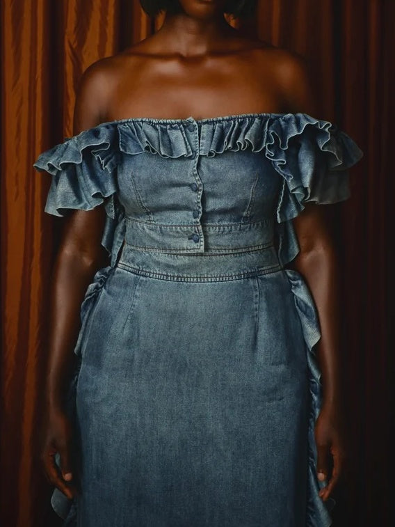 Washed Denim Ruffle Two-piece Suit