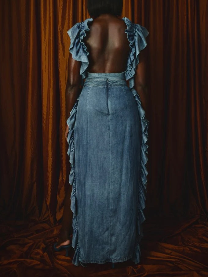 Washed Denim Ruffle Two-piece Suit