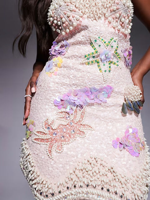 Embellished Ocean Pearl Encrusted Mini Dress With Sequins In Pink