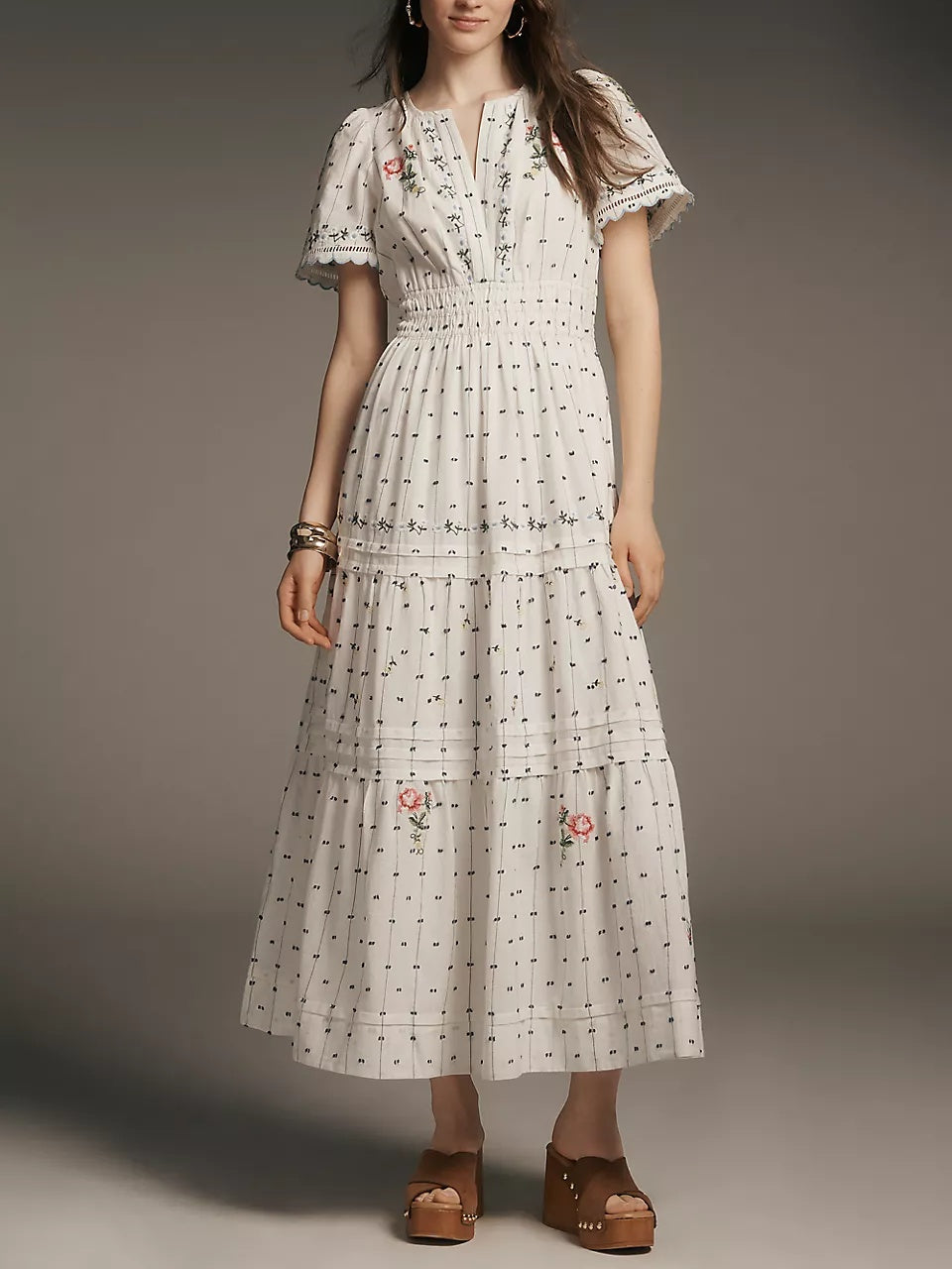 Embroidered Printed A-line Dress