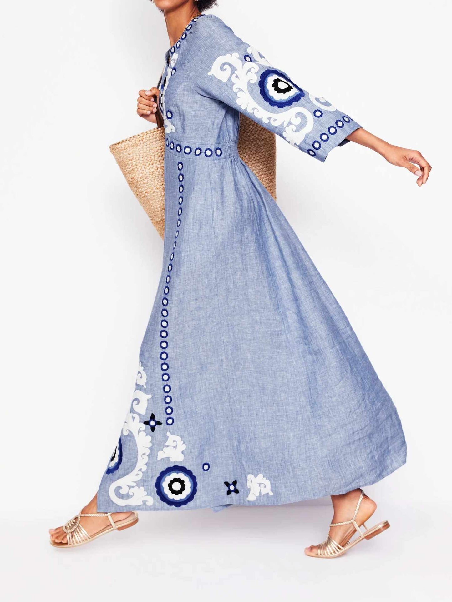Linen Embroidered Print Dress